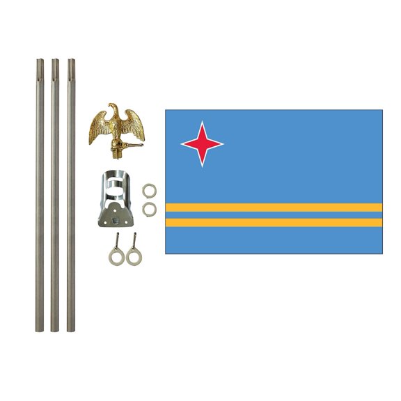 3x5 Polyester Aruba Flag with 6 foot Pole Kit; Contains a 3x5 Polyester Flag, a 6 foot long 3/4inch Diameter Aluminum Pole and a Bracket