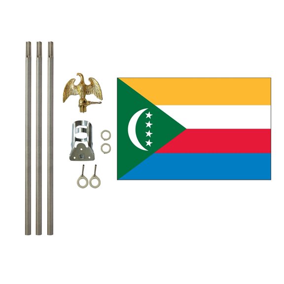 3x5 Polyester Comoros Flag with 6 foot Pole Kit; Contains a 3x5 Polyester Flag, a 6 foot long 3/4inch Diameter Aluminum Pole and a Bracket