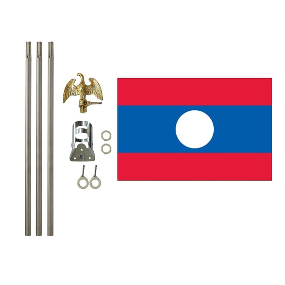3x5 Polyester Laos Flag with 6 foot pole Kit; Contains a 3x5 Polyester Flag, a 6 foot long 3/4inch Diameter Aluminum Pole and a Bracket