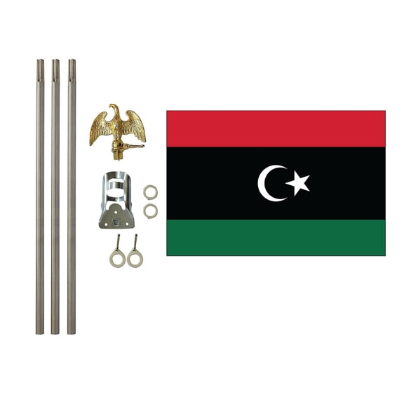 3x5 Polyester Libya Flag with 6 foot pole Kit; Contains a 3x5 Polyester Flag, a 6 foot long 3/4inch Diameter Aluminum Pole and a Bracket
