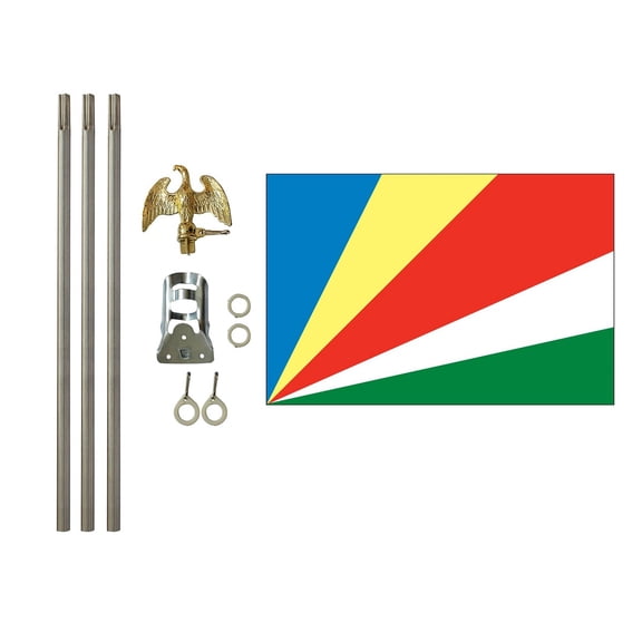3x5 Polyester Seychelles Flag with 6 foot pole Kit; Contains a 3x5 Polyester Flag, a 6 foot long 3/4inch Diameter Aluminum Pole and a Bracket