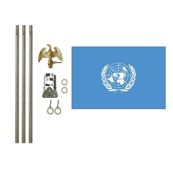 3x5 Polyester United Nations Flag with 6 foot pole Kit; Contains a 3x5 Polyester Flag, a 6 foot long 3/4inch Diameter Aluminum Pole and a Bracket