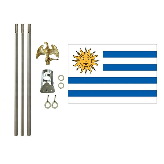 3x5 Polyester Uruguay Flag with 6 foot pole Kit; Contains a 3x5 Polyester Flag, a 6 foot long 3/4inch Diameter Aluminum Pole and a Bracket