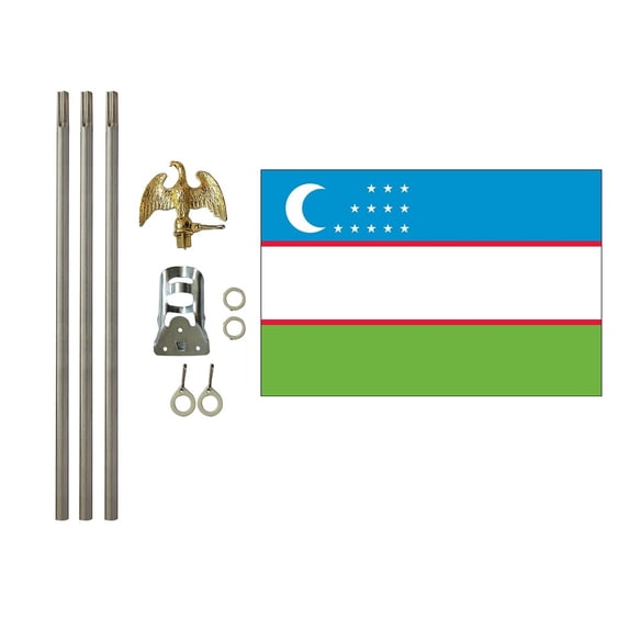 3x5 Polyester Uzbekistan Flag with 6 foot pole Kit; Contains a 3x5 Polyester Flag, a 6 foot long 3/4inch Diameter Aluminum Pole and a Bracket