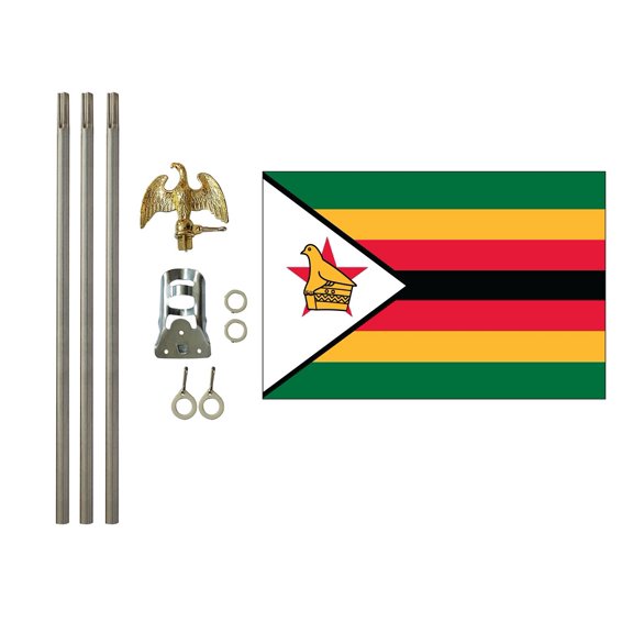 3x5 Polyester Zimbabwe Flag with 6 foot pole Kit; Contains a 3x5 Polyester Flag, a 6 foot long 3/4inch Diameter Aluminum Pole and a Bracket
