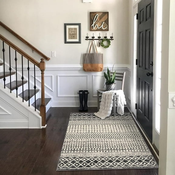 3x5 Ultra Soft Non-Slip Moroccan Washable Rug, Black Low-Pile Throw Carpet for Bedroom, Kitchen, Living Room, Dinning Room