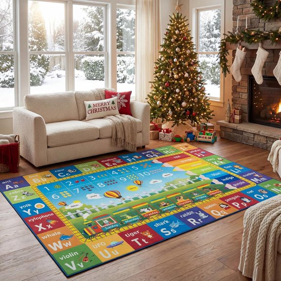 3x5  Rug for Playroom Bedroom Living Room, Washable Educational Play Mat with ABC Alphabet, Numbers,  for Classroom, , Colorful Learning Carpet for , Rainbow
