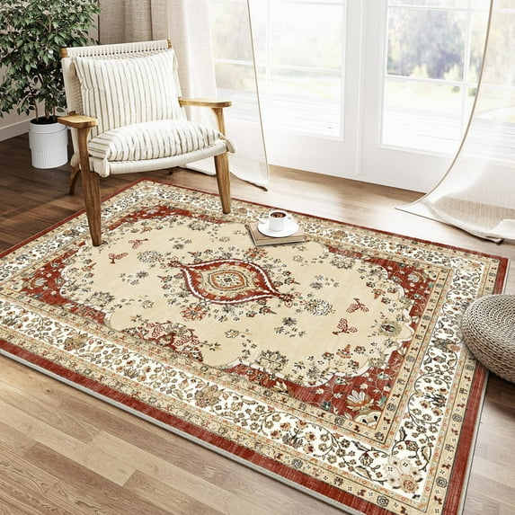 3x5 Rug Ultra Soft Washable Rug, Non Slip Area Rug Indoor Entrance, Stain Resistant Rugs for Living Room Bedroom, Vintage Home Decor Area Rugs, Red