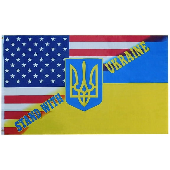 3x5 Stand With Ukraine USA Ukraine Trident 100D Woven Poly Nylon 3'x5' Flag