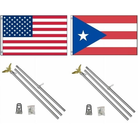 3x5 USA American & Puerto Rico Flag & 2 Aluminum Pole Kit Sets 3'x5'