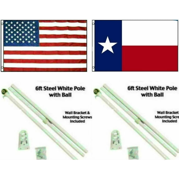 3x5 USA American & State of Texas Flag White Pole Kit Ball Top 3'x5'