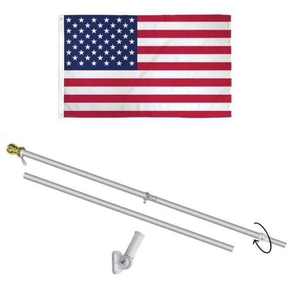 3x5 USA Flag Pole Kit: 6ft Spinning Pole w/ Bracket Tangle Free Pole (Silver)