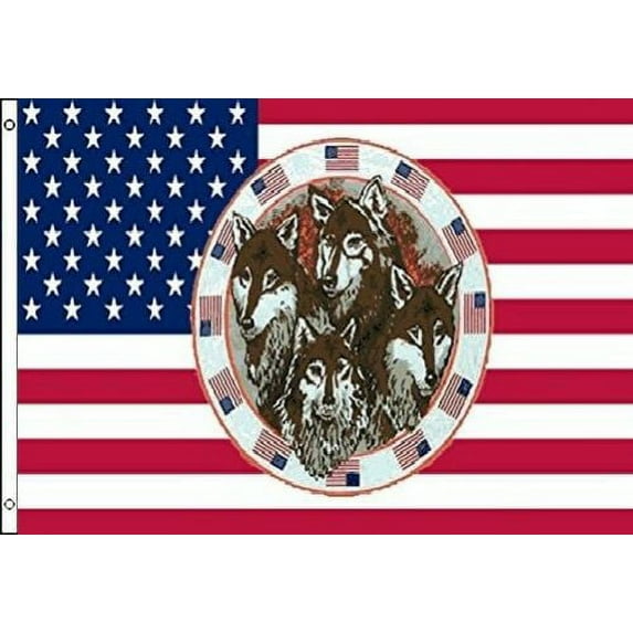 4 Wolves in Ring of Flags 3x5 ft USA US United States America Wolf American Four
