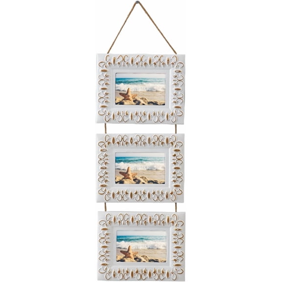 3x5 Vintage Collage Picture Frames for Wall, Hanging Distressed White Wood Rustic 3 Opening Photo Frame Display with Gold Accents for Living Room Bedroom Hallway