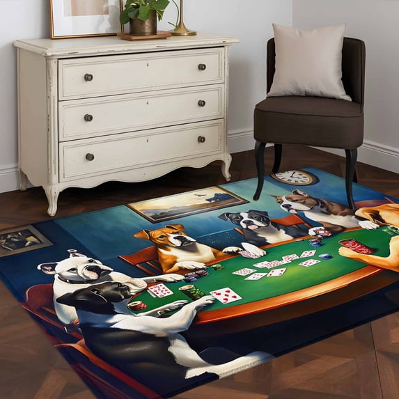3x5 Washable Area Rug, Abstract Animal Non-Slip Rectangle Rug for Living Room Bedroom, Dog In The Room Poker Games Indoor Low Pile Floor Mat for Home Decor