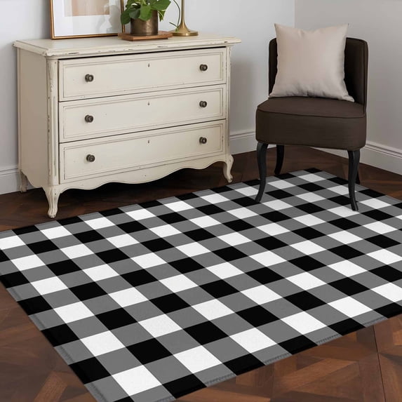 3x5 Washable Area Rug, Black Plaid Non-Slip Rectangle Rug for Living Room Bedroom, Black Gradient Indoor Low Pile Floor Mat for Home Decor