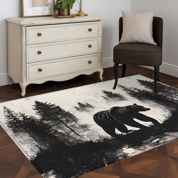 Forest Rectangle Rug 3x5 Washable Area Rug, Brown Bear Forest Silhouette Non-Slip Rectangle ...