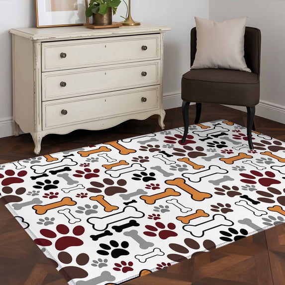 3x5 Washable Area Rug, Dog Claws Bones Non-Slip Rectangle Rug for Living Room Bedroom, Cartoon Animal Cute Indoor Low Pile Floor Mat for Home Decor