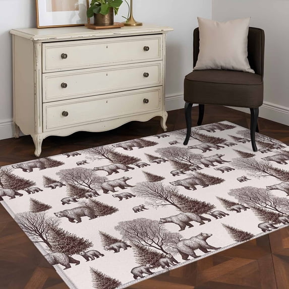 3x5 Washable Area Rug, Forest Animal Non-Slip Rectangle Rug for Living Room Bedroom, Brown Bear Tree Vintage Abstract Art Indoor Low Pile Floor Mat for Home Decor