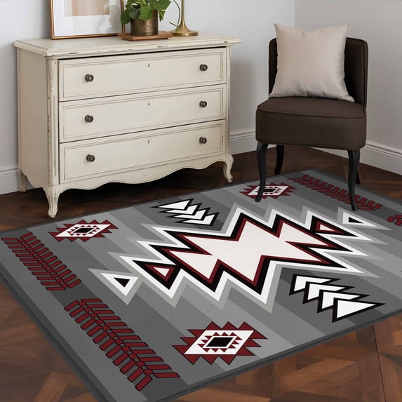 3x5 Washable Area Rug, Gray Pattern Retro Bohemian Non-Slip Rectangle Rug for Living Room Bedroom, Square Abstract Geometric Indoor Low Pile Floor Mat for Home Decor