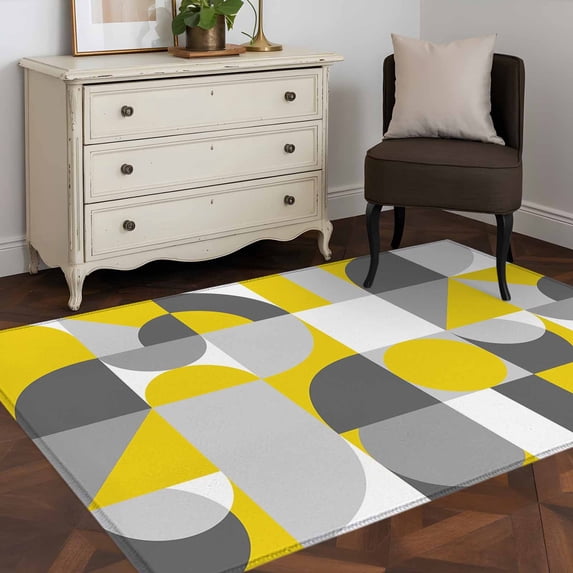 3x5 Washable Area Rug, Mid Century Non-Slip Rectangle Rug for Living Room Bedroom, Yellow Grey Abstract Retro Geometric Modern Indoor Low Pile Floor Mat for Home Decor
