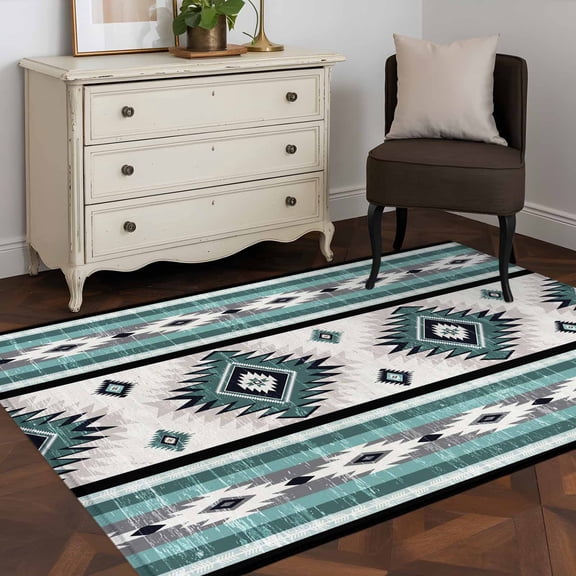 3x5 Washable Area Rug, Teal Green Non-Slip Rectangle Rug for Living Room Bedroom, Southwestern Native Aztec Ethnic Style Geometric Indoor Low Pile Floor Mat for Home Decor