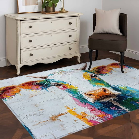 3x5 Washable Area Rug, Vintage Oil Painting Non-Slip Rectangle Rug for Living Room Bedroom, Country Colorful Cow Wood Grain Indoor Low Pile Floor Mat for Home Decor