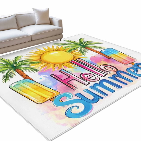 3x5 Washable Area Rugs,Hello Summer Text Sun Palm Tree Non-Slip Ultra Soft Rug Large Indoor Carpet,Colorful Ocean Seaside Theme Floor Rugs for Home Living Room Bedroom Dining Room Office