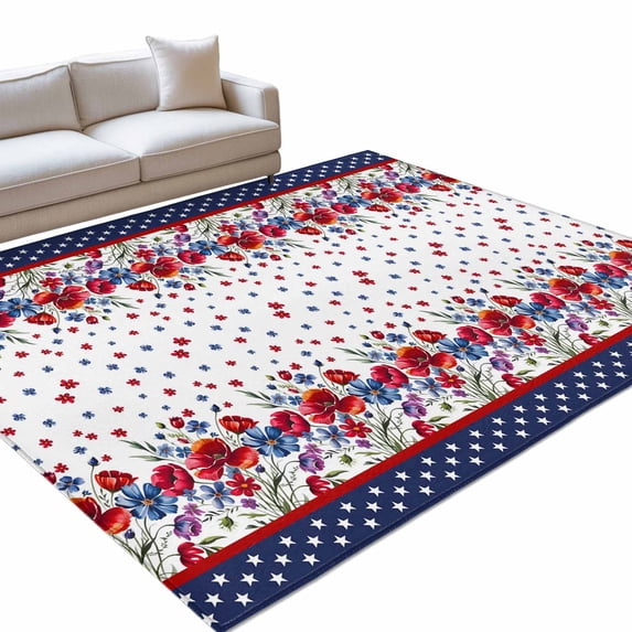 3x5 Washable Area Rugs,Independence Day Floral Red Blue Non-Slip Ultra Soft Rug Large Indoor Carpet,Vintage Stars Stripes Floor Rugs for Home Living Room Bedroom Dining Room Office