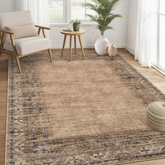 3x5 Washable Bedroom Rug, Vintage Border, Stain-Resistant, Small Throw Carpet with Rubber Backing, Taupe/Brown.