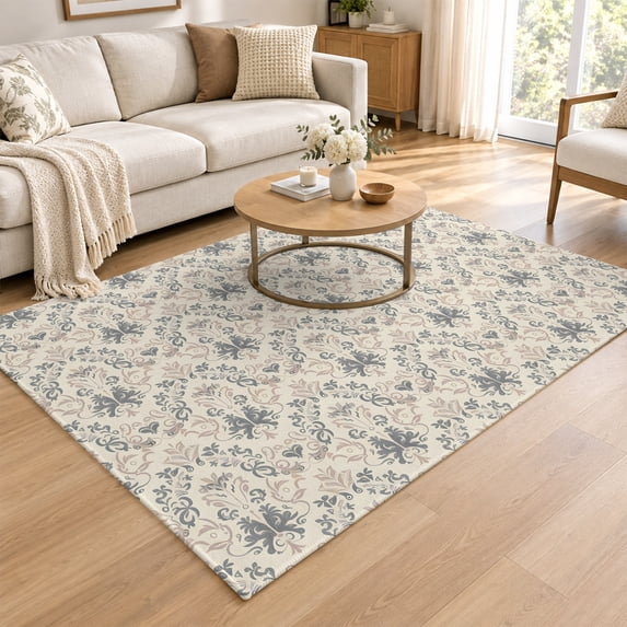 3x5 Washable Rug, Beige Grey Baroque Non-Slip Soft Area Rugs for ...