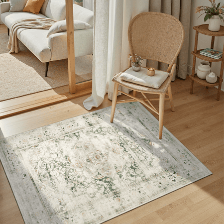 3x5 Washable Rug, Non Slip Abstract Area Rugs for Entryway, Kitchen, Bedroom, Laundry, Bathroom -Grey and Green