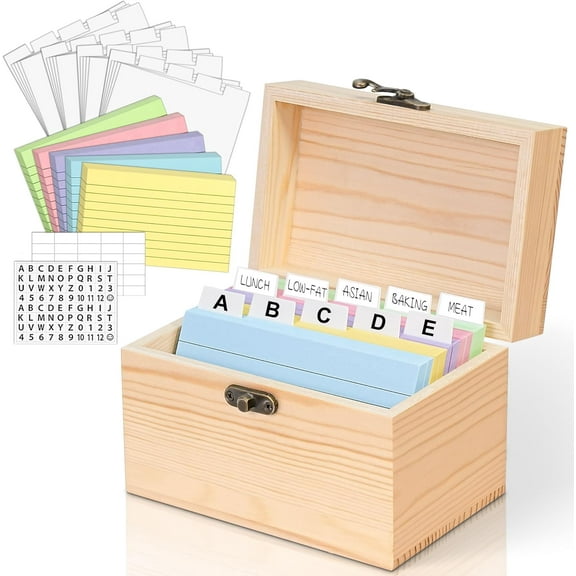 Index Card Holder 3x5, Wooden Origanizer Recipe Box with 100 PCS Flash Cards, 30 Plastic White Dividers, 1 Blank Sticker and 1 Letter Sticker, Flashcard Notecard Holders for Home Office