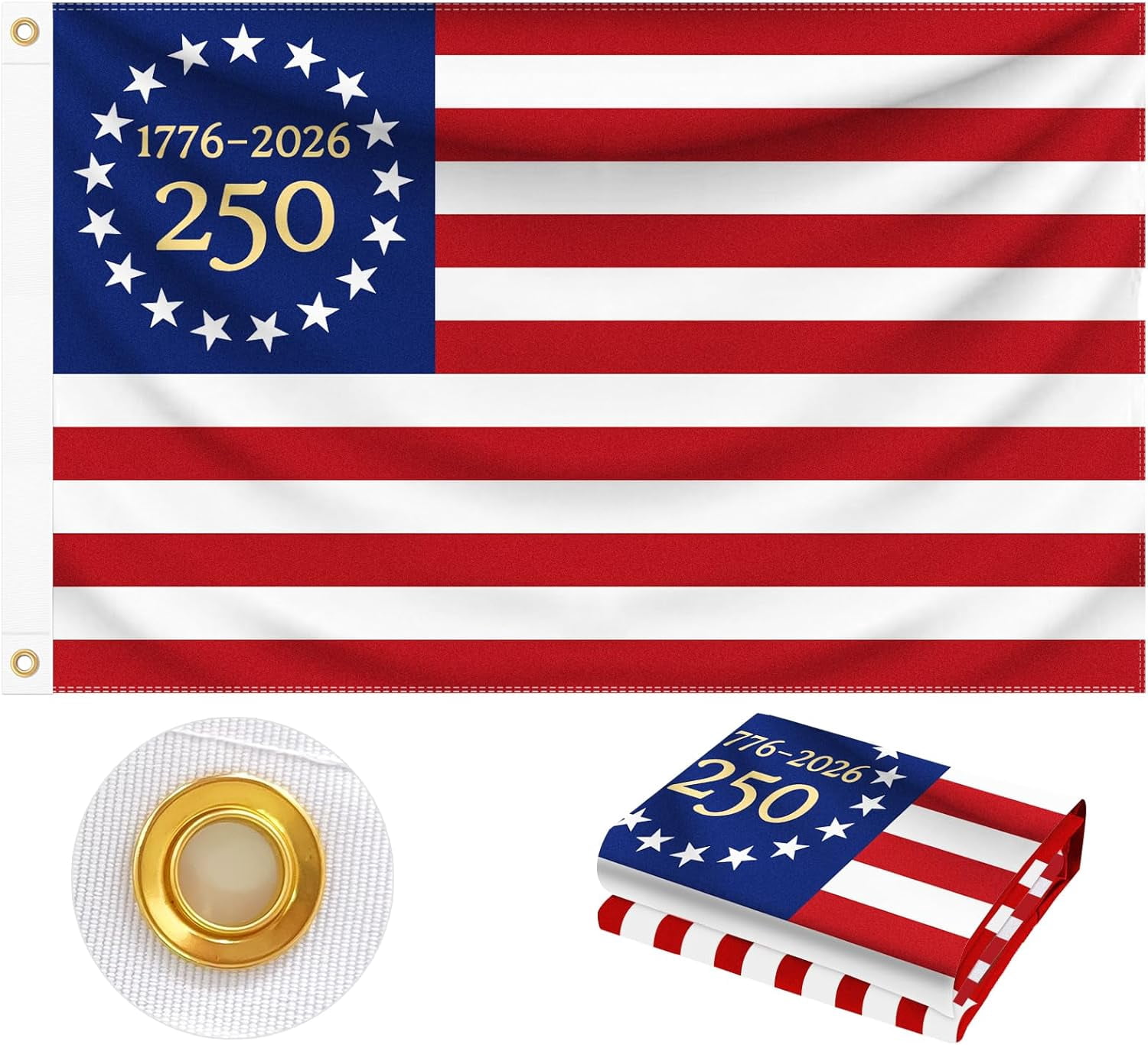 3x5 ft 250 Years Anniversary American Flag, 1776-2026 USA Flag, Vintage Stars Design for 250th Independence Day Birthday, Patriotic Outdoor Flag for Home Yard Porch Wall Outside Decorations