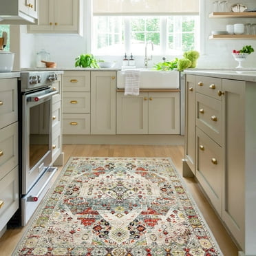 3x5Ft Area Rug for Living Room - Neutral Beige Floral Vintage Design - Pet Friendly - Boho Washable Rug for Bedroom, Dining Room