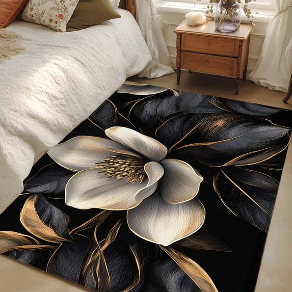 3x5Ft Area Rugs Black Gold Flower Non-Skid Rubber Backing Large Rectangle Rugs - Living Room Bedroom Home Office, Gradient Luxurious Floral Botanical Indoor Floor Mat Carpets Washable Rug