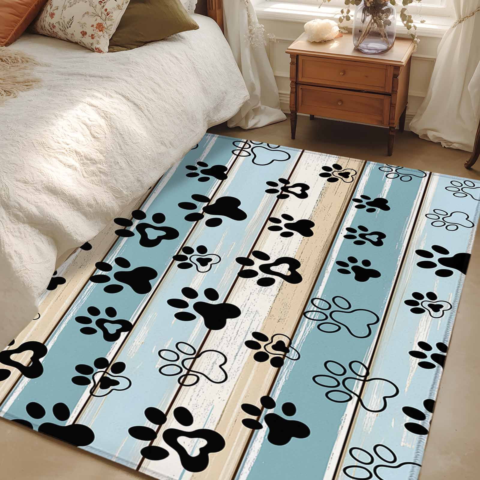 3x5Ft Area Rugs Blue Beige Paw Print Non-Skid Rubber Backing Large ...