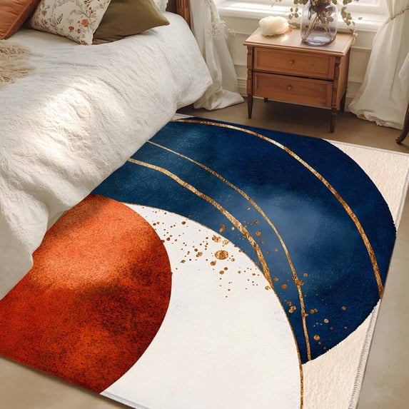 3x5Ft Area Rugs Navy Blue Burnt Orange Non-Skid Rubber Backing Large Rectangle Rugs - Living Room Bedroom Home Office, Modern Boho Art Geometric Indoor Floor Mat Carpets Washable Rug