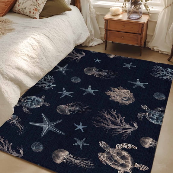 3x5Ft Area Rugs Navy Blue Coastal Non-Skid Rubber Backing Large Rectangle Rugs - Living Room Bedroom Home Office, Nautical Summer Beach Sea Turtle Starfish Indoor Floor Mat Carpets Washable Rug