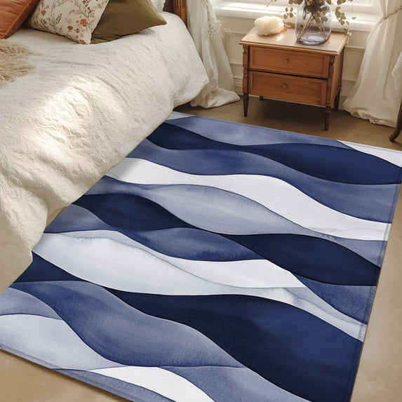 3x5Ft Area Rugs Navy Blue Non-Skid Rubber Backing Large Rectangle Rugs - Living Room Bedroom Home Office, Modern Moire Abstract Ripple Geometric Indoor Floor Mat Carpets Washable Rug