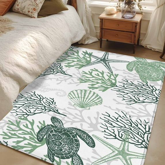 3x5Ft Area Rugs, Sage Green Coastal Non-Skid Rubber Backing Large Rectangle Rugs - Living Room Bedroom Home Office, Sea Turtle Nautical Coral Summer Beach Indoor Floor Mat Carpets Washable Rug