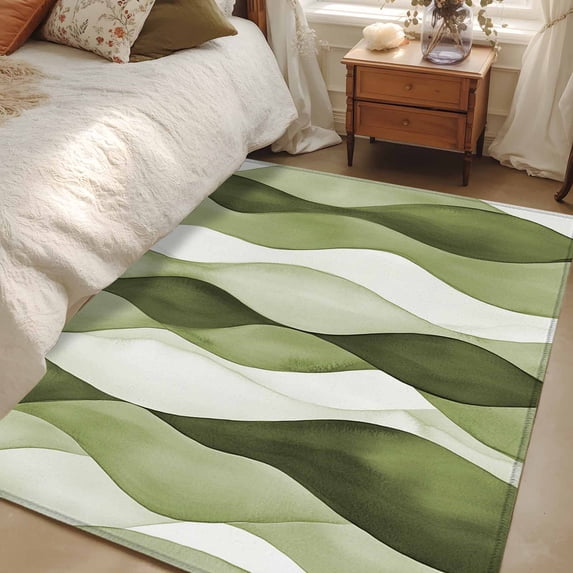 3x5Ft Area Rugs Sage Green Stripes Non-Skid Rubber Backing Large Rectangle Rugs - Living Room Bedroom Home Office, Retro Farmhouse Abstract Ripple Indoor Floor Mat Carpets Washable Rug