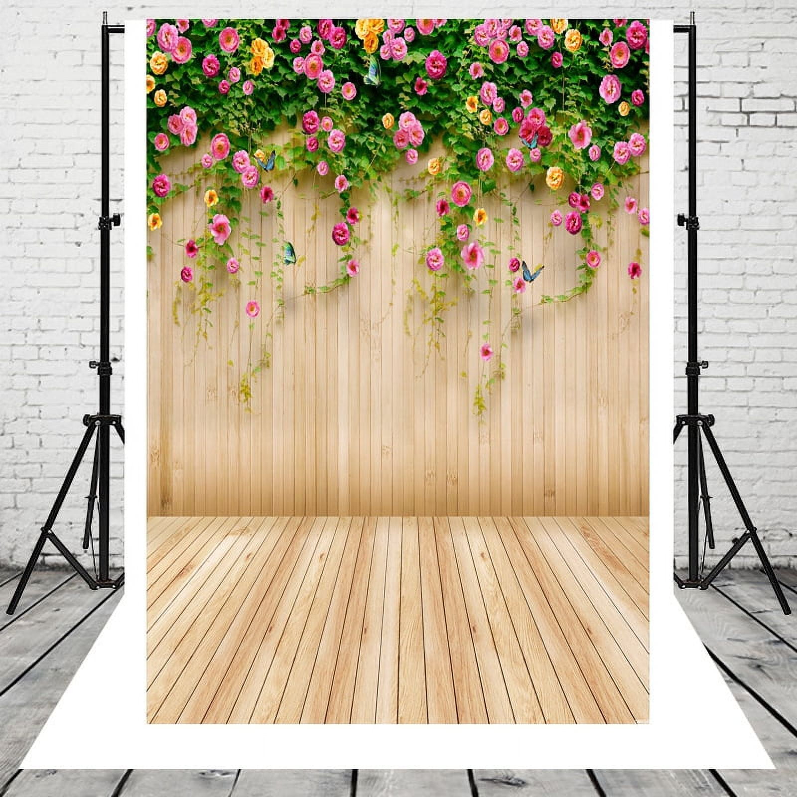 7X5ft Spring Flower Wall Photography Backdrop Floral Wooden Floor Photo  Studio Background Girl Birthday Party Wedding Curtain Photography Background