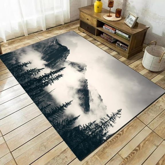 3x5ft Gray Forest Large Area Rugs, Nature Tree Mountain Rug, Machine Washable Non Slip For Living Room Bedroom Indoor/Outdoor Crystal Velvet Mat Decor