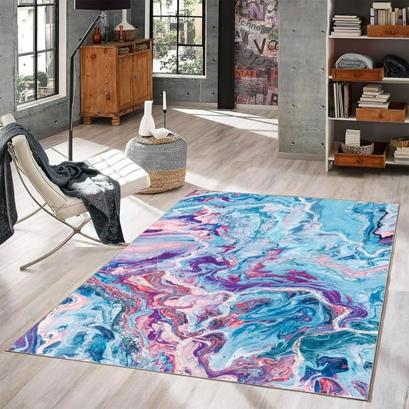 3x5ft Machine Washable Area Rug - Living Room Bedroom Bathroom Kitchen Entryway Office - Non Slip Low Pile - Modern Style Contemporary - Blue Pink Purple 6