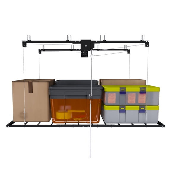 3x6 FT Black Overhead Garage Storage Rack, 370 LBS Capacity Ceiling Mount Lift with Safety Lock