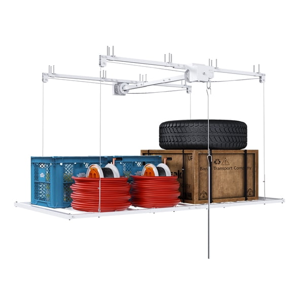 3x6 FT Overhead Garage Storage Rack, 370 LBS Capacity Ceiling Mount Lift with Safety Lock, White