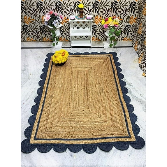 3x6 Ft Navy Blue & Natural Jute Premium Scalloped Jute Rug – Handcrafted Natural Braided Carpet for Living Room, Bedroom, Entryway – Boho Home Decor