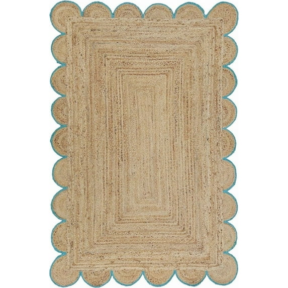 3x6 Ft Sky Blue Border Premium Scalloped Jute Rug – Handcrafted Natural Braided Carpet for Living Room, Bedroom, Entryway – Boho Home Decor