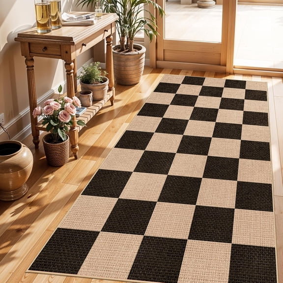 3x6 Kitchen Runner Rug Washable Non Slip: Diamond Pattern Faux Jute Rug - Thin Easy Clean Indoor Farmhouse - Boho Rugs for Entryway Kitchen Hallway Bedroom Modern Home Decor Mat (Black,3x6)